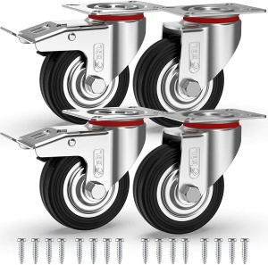 Set 4 roti universale GBL, pentru transport, 75 mm, pivotante 360°, sarcina maxima de incarcare 200 kg, cu 2 frane, din otel, Negru/Argintiu