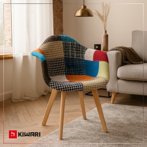 Set 4 Scaune Living/Bucatarie Kiwari® Milo Patchwork, Sezut Spuma, Picioare Lemn Fag, Inaltime Sezut 46 cm, Design Modern, Capacitate 120 kg, Multicolor - Img 3