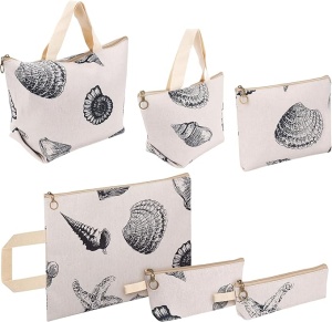 Set 6 genti de dama, Belle Vous, din bumbac, cu fermoar, potivite pentru calatorii, imprimeu scoici, Bej