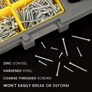 Set 850 de suruburi autofiletante Belle Vous, M2.6–M4, pentru lemn, metal si reparatii, cutie organizatoare, din otel, cap hexagonal si plat, Argintiu - Img 4