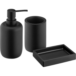 Set accesorii baie Navaris, 3 piese, dispenser sapun lichid 305 ml, suport periute dinti si sapuniera, din polirasina, Negru