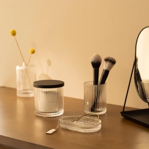 Set accesorii baie Navaris, 4 piese, dispenser sapun lichid, suport periute dinti, sapuniera, recipient depozitare, din sticla, design modern, Transparent - Img 3