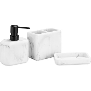Set accesorii de baie Navaris, 3 piese, dispenser sapun lichid 320 ml, suport periute dinti si sapuniera, design marmura, elegant, Alb