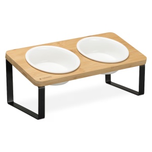 Set boluri hranire Navaris pentru pisici si caini, 2 boluri ceramice 750 ml, suport inclinat din metal si bambus, antiderapant