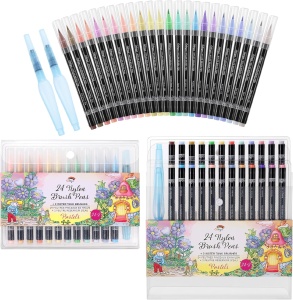 Set carioci Profesionale, Colorya, pentru pictura, caligrafie, cerneala pe baza de apa, 24 carioci cu varf flexibil, 2 pensule cu rezervor pentru apa, Multicolor - Img 4