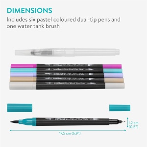 Set carioci profesionale pastel Intrend, 6 bucati, capete duble, pensula cu rezervor de apa, pentru caligrafie si desen, Multicolor - Img 2