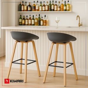 Set de 2 Scaune de Bar/Bucatarie Kiwari® Nok, Sezut PP, Picioare Metalice cu Aspect Lemn, Stil Modern Bucatarie/Dining, Inaltime 72 cm, Capacitate 120 kg, Gri - Img 2