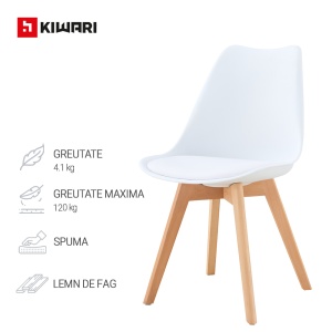 Set de 4 Scaune Kiwari® Kit, Sezut cu Pernuta PU, Picioare Lemn Fag, Design Modern Dining/Living, Inaltime Sezut 48 cm, Capacitate 120 kg, Alb - Img 4