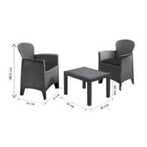 Set gradina/terasa, Progarden, AKITA, 3 piese, polipropilena, antracit, 2 scaune 59x57x85.5 cm, masa 59x46x40 cm, cu perne incluse - Img 3
