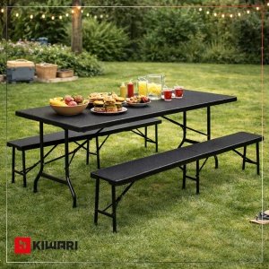 Set Mobilier Gradina Kiwari®, Masa Pliabila 180x75x74 cm + 2 Banci, 6 Persoane, Cadru Metalic, Negru - Img 8