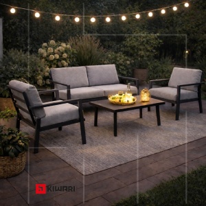 Set Mobilier Gradina Marbella Kiwari® 4 locuri, masa 90 x 50 x 40 cm, fotolii 70 x 73 x 75 cm canapea 130 x 73 x 75 cm, cadru metal, sticla 5 mm, perne detasabile 11 cm, Gri - Img 2
