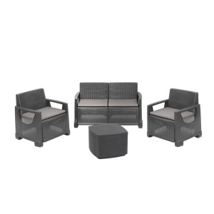 Set mobilier terasa/gradina, Progarden, BELLAGIO, 4 piese, polipropilena, antracit, 1 canapea 2 locuri 129x66x74 cm, 2 scaune 72x66x74 cm, masa 53x53x40 cm, cu perne incluse