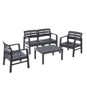 Set mobilier terasa/gradina, Progarden, JAVA, 4 piese, polipropilena, antracit, canapea 2 locuri 121x58x74 cm, 2 scaune 63x58x74 cm, masa 74x55x38 cm, fara perne