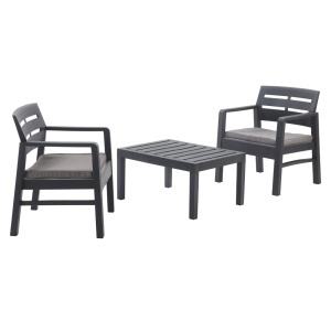 Set mobilier terasa/gradina, Progarden, LOMBOK, 3 piese, polipropilena, antracit, 2 scaune 63x58x74 cm, masa 74x55x38 cm, cu perne incluse