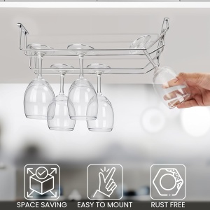 Set suport pahare vin suspendat Belle Vous, 4 buc, metal cromat, montaj sub dulap/raft, 34 x 11 cm, Argintiu - Img 4