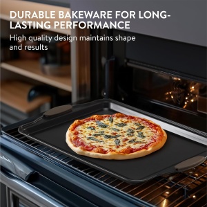 Set tavi pentru copt, Navaris, 5 piese, invelis antiaderent, marimi diverse, potrivite pentru briose, paine, pizza, din otel carbon, manere din silicon, Negru - Img 2