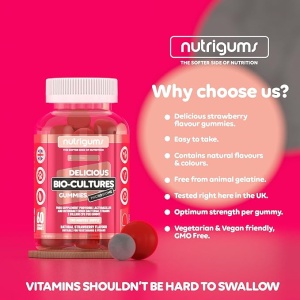 Supliment alimentar Bio-Cultures Microbiome Gummies, Nutrigums, 12 probiotice multi-tulpini 1 miliard CFU, Acidophilus si Bifidobacterium, sprijina sanatatea intestinala, vegan, aroma de capsuni, 60 de jeleuri - Img 6