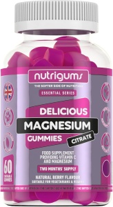 Supliment alimentar Magnesium Citrate Gummies, Nutrigums, citrat de Magneziu 1250 mg, Magneziu elementar 150 mg, Vitmanina C 80 mg, pentru vitalitate, energie si oase, vegan, aroma de fructe de padure, 60 de jeleuri