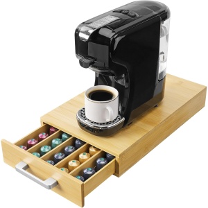 Suport 60 capsule de cafea Navaris, din bambus, 38.5 x 23.5 x 6 cm, compatibil cu Nespresso, tip sertar, Maro