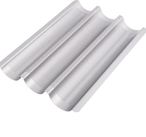 Tava de copt pentru baghete Gourmeo, pentru 3 baghete, antiaderenta, otel, 38.5 x 28.5 x 3.5 cm, Argintiu