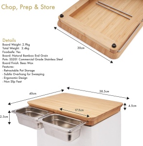 Tocator din Lemn Natural de Bambus, Orient, 2 Recipiente de Detasabile din Otel Inoxidabil, 38.5 x 30 cm - Img 4