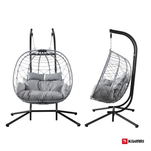 Balansoar suspendat dublu tip cuib Kiwari® Duo, cuib 68 x 126 x 114 cm, suport metalic 200 cm cu baza stabila cu patru picioare, plastic rezistent, leagan relaxare pentru casa/gradina/terasa/balcon, Gri - Img 2