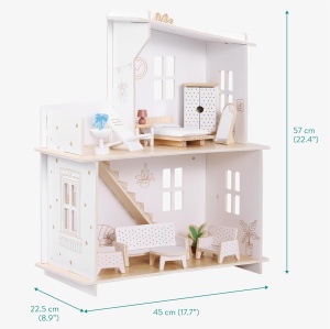 Casuta de papusi Navaris, din lemn, cu 2 etaje si terasa, 57 x 45 x 22.5 cm, mobilier si accesorii, 3 ani+, Alb - Img 3