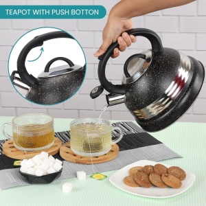 Ceainic fluierator, Belle Vous, din otel inoxidabil, 3 L, maner rezistent la caldura, 22.5 x 22 cm, compatibil cu toate tipurile de plita, Negru/Argintiu - Img 3