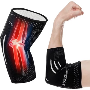 Compresie pentru cot, COMPRESS PRO, antiderapant, material respirabil, pentru ameliorarea durerilor, tendita, antrenamente, tenis, golf, baschet, marimea M, Negru/Alb
