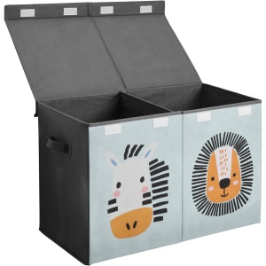 Cutie depozitare jucarii Navaris, 2 compartimente, cu capac, 62 x 33 x 40 cm, design Zebra si Leu, pliabila, Multicolor - Img 2