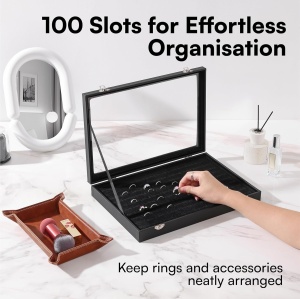 Cutie pentru bijuterii H&S, 35 x 24 x 4.5 cm, organizator pentru inele si cercei, piele ecologica, capac transparent, negru - Img 8