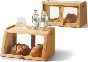 Cutie pentru paine Navaris, din bambus, 39.5 x 26 x 23cm, cu fereastra transparenta, design rustic, Maro