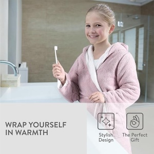 Halat de baie pentru copii HOMELEVEL, 11-12 ani, 146-152 cm, reversibil, din poliester, cu gluga, Alb/Roz - Img 5