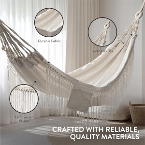 Hamac HOMELEVEL, din bumbac, 220 x 115 cm, cu franjuri, greutate maxima suportata 120 kg, interior/exterior, Alb/Crem - Img 4