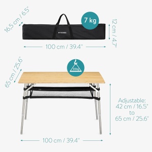 Masa de camping pliabila din bambus cu raft Navaris, 100 x 65 cm, Reglabila, Bambus, 51166.3.01 - Img 6