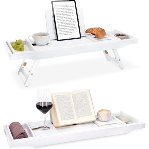 Masuta extensibila pentru cada Navaris, din bambus, 75–108 cm, masuta de servire la pat, cu suport pentru carte, tableta si pahar, Alb - Img 2