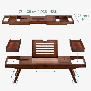 Masuta extensibila pentru cada Navaris, din bambus, 75–108 cm, masuta de servire la pat, cu suport pentru carte, tableta si pahar, Maro inchis - Img 8