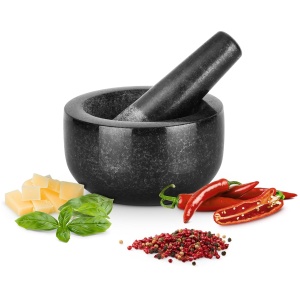 Mojar cu pistil profesional, Gourmeo, din granit, 300 ml, 12 x 12 x 7 cm, usor de curatat, Negru