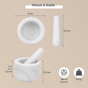 Mojar si pistil Gourmeo din marmura alba, 8.5x8.5x6 cm, 200 ml pentru condimente si ierburi - Img 5