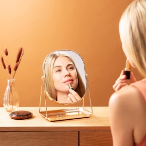 Oglinda cosmetica Navaris, rotativa 360°, ovala, cu baza metalica si tava pentru bijuterii, 18 x 28 cm, Auriu - Img 2