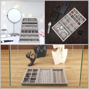 Organizator bijuterii Belle Vous, set 6 tavite din catifea, 21 x 12 x 2.5 cm, compartimente multiple, stivuibile, pentru sertar / masa de toaleta, Gri - Img 3