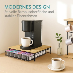 Organizator capsule cafea Navaris, sertar depozitare pentru capsule K-Cup/Dolce Gusto, suport pentru aparat cafea, metal si bambus, 35 x 32.5 x 9 cm, Negru/Natur - Img 3