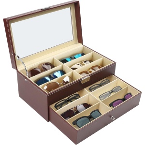 Organizator ochelari Kurtzy, 33.5 x 19 x 15.2 cm, 12 compartimente, 2 niveluri cu sertar, piele ecologica, capac sticla, Maro