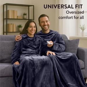 Patura cu maneci HOMELEVEL, transformabila in perna cu fermoar, 200x150 cm, fleece poliester, pentru calatorii si casa, Gri inchis - Img 4