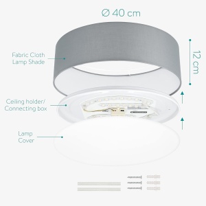 Plafoniera LED Navaris, 22W, telecomanda, temperatura reglabila, abajur textil, diametru 40cm, Gri deschis - Img 5