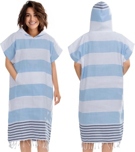 Poncho prosop JEMIDI albastru/alb, dimensiune S/M, 100% bumbac, cu gluga si buzunar