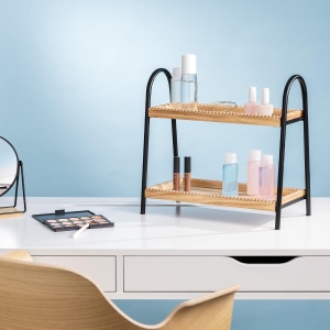Raft depozitare Navaris, 2 niveluri, 38.5 x 20 x 36 cm, din lemn, pentru bucatarie, baie, birou, Maro.Negru - Img 3