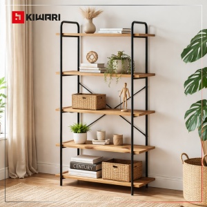 Raft inalt Kiwari® Fivo, 5 polite, 144x34x80 cm, MDF si Metal, Stejar/Negru - Img 2