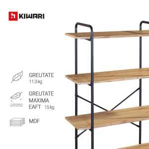 Raft Kiwari® Quad, 4 polite, 112×34×80 cm, MDF si Metal, Design Modern Industrial, Negru & Stejar - Img 4