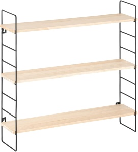 Raft metalic 3 niveluri Navaris, 50x50x12 cm, montaj pe perete, negru/pin natural, negru, metal/lemn